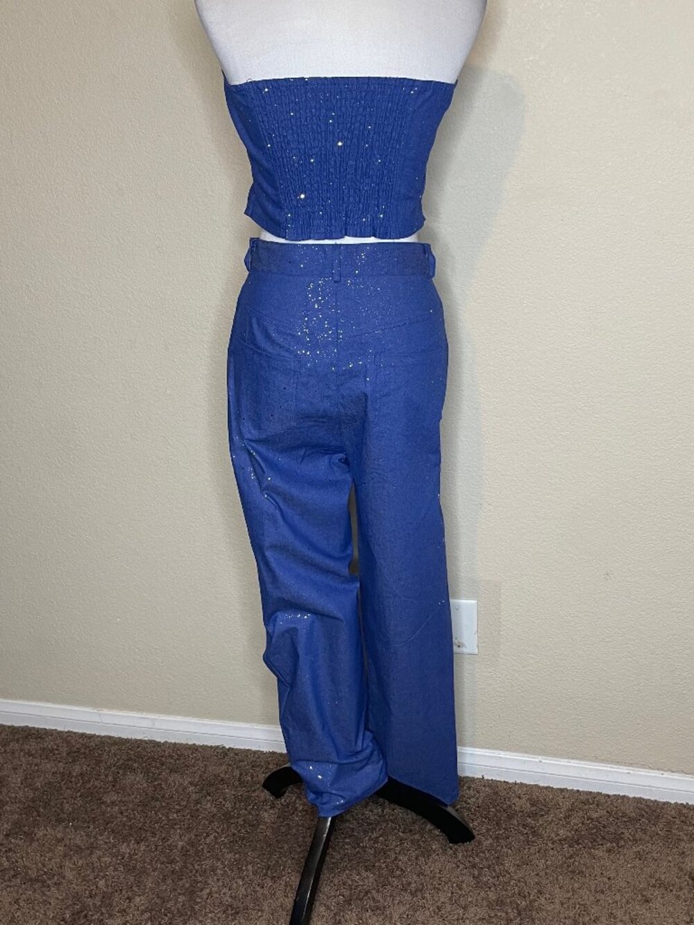 Y2K Sparkle Denim Two Piece Set Glitter Strapless Crop Top Straight Leg Pants S - Picture 7 of 13